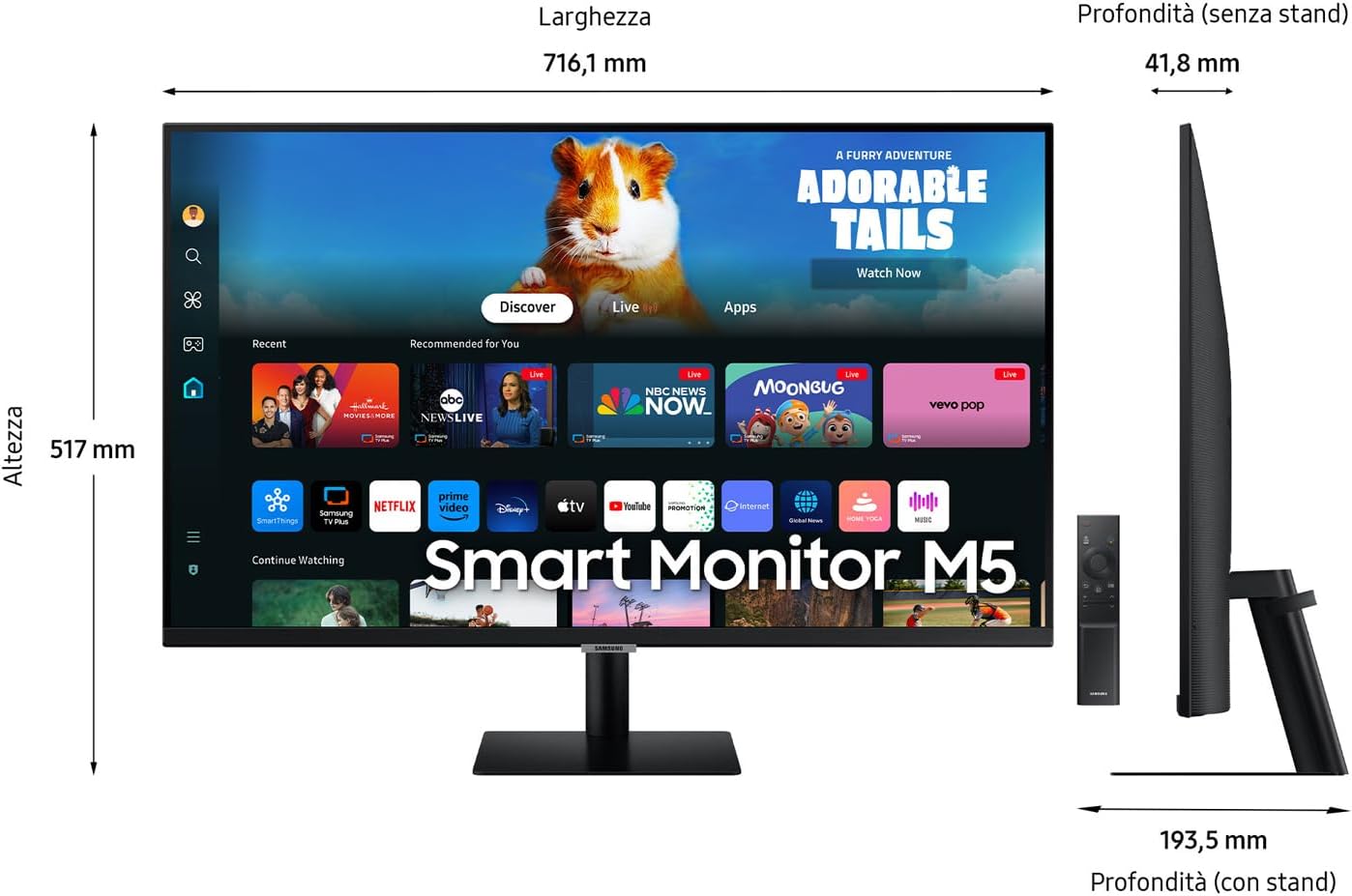 Smart Monitor M5 (S32DM502), Flat 32'', 1920x1080 (Full HD), Smart Hub with app of streaming, Office 365, Gaming Hub, Speaker integrati, Telecomando, Wi-Fi, HDMI, USB