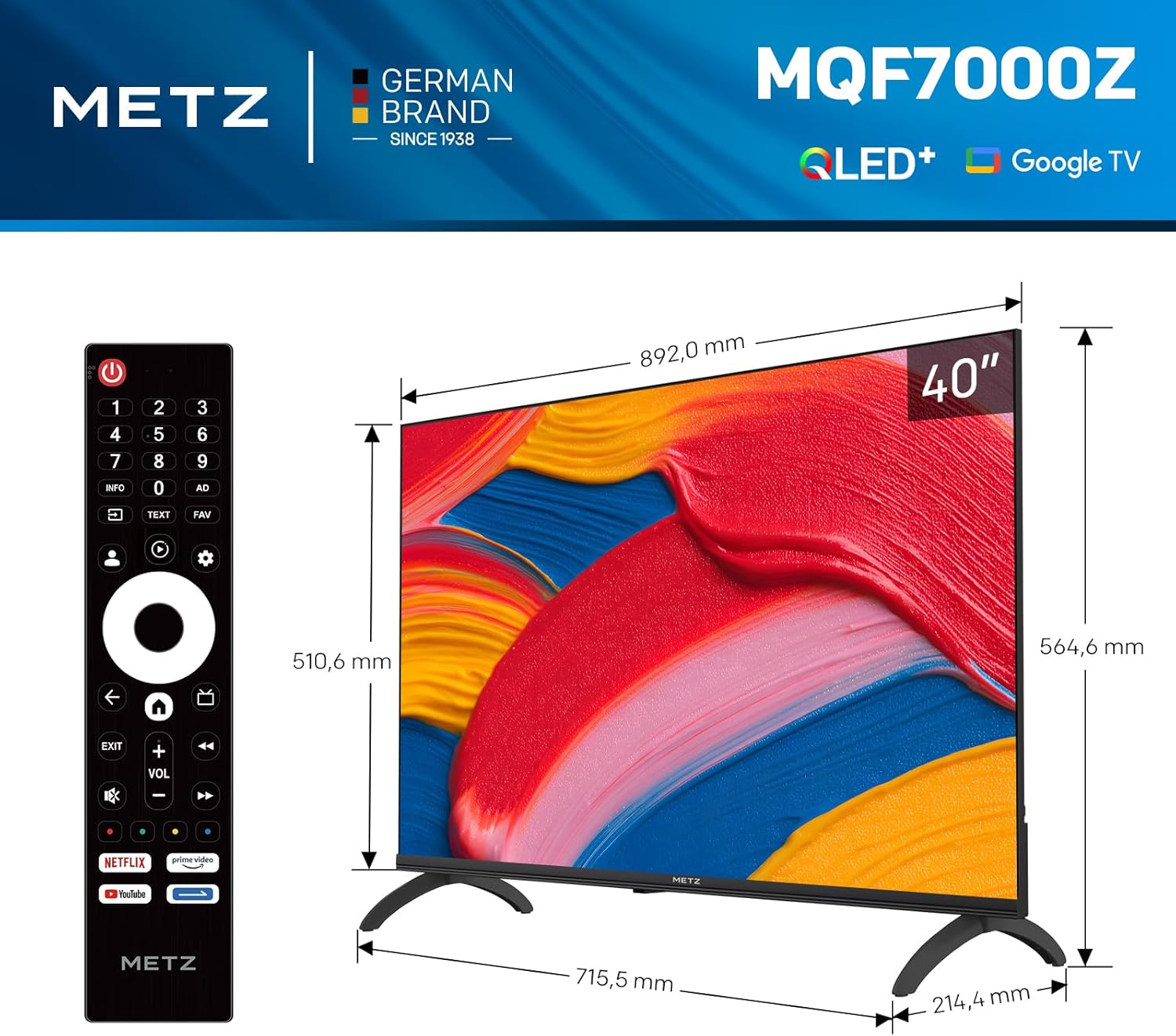 METZ QLED 40 Inch Smart TV FHD MQF7000Z, HDR10, Dolby Audio, Riduzione Luce Blu, Google TV, Googlecast, Tuner DVB-T/T2/C/S/S2/Analogico