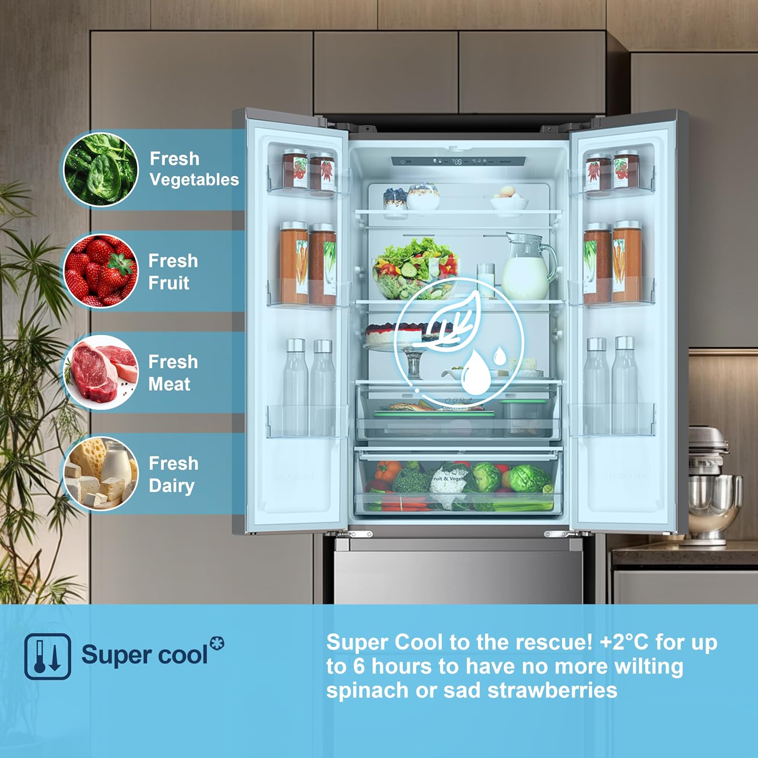 Freestanding French Door Fridge Freezer 485L Total No Frost Silver