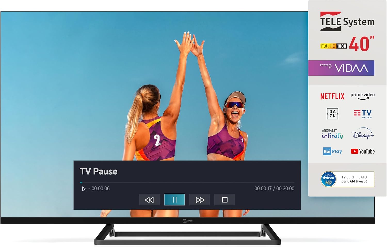 TELE System Smart TV 40 Inch Full HD LED Frameless, Certificato CAM tivùsat, HbbTV, HDR10 HLG, powered by VIDAA, Dual Remote Control Included.