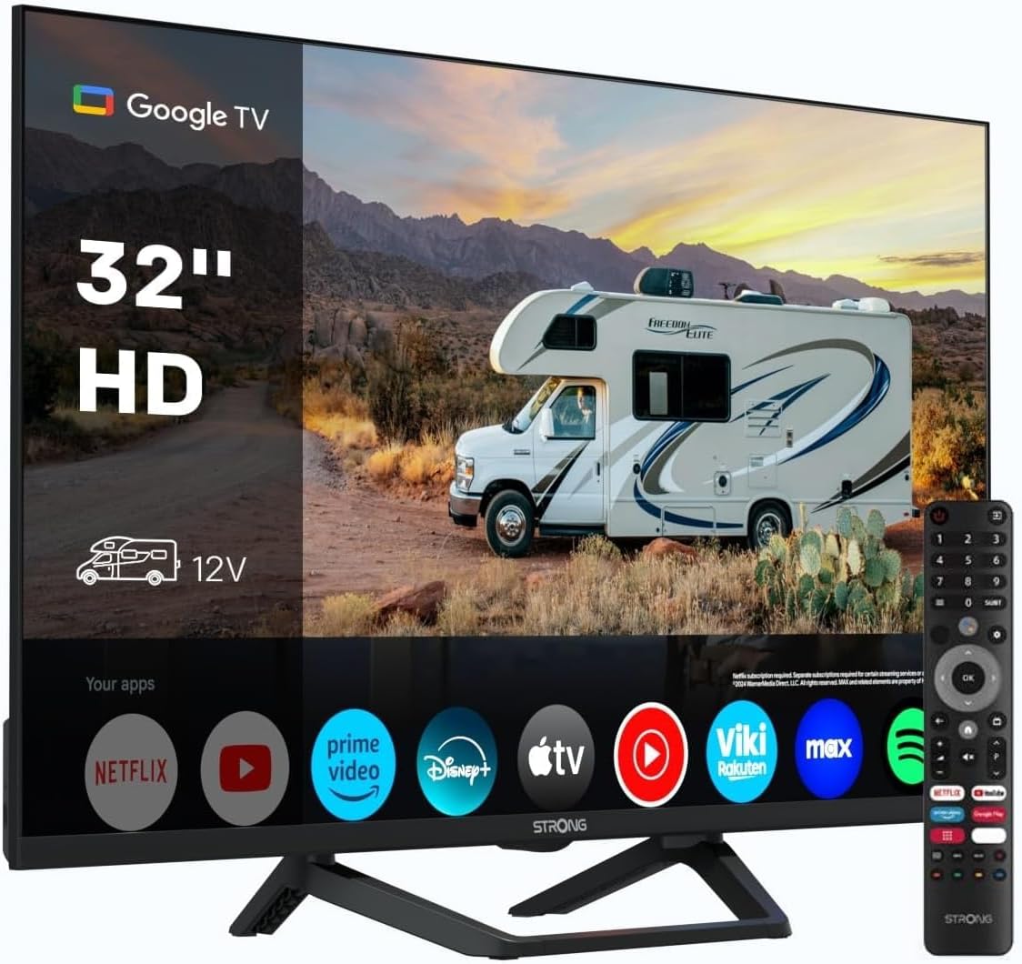 Strong SRT32HG4723C 32'' TV HD - DVB-S2/C/T2, 12V ideal for camper, Kitchen, bedroom, boat, 2 HDMI ports (1 ARC) + 1 USB port + Mini-AV + Input antenna/satellite - Black