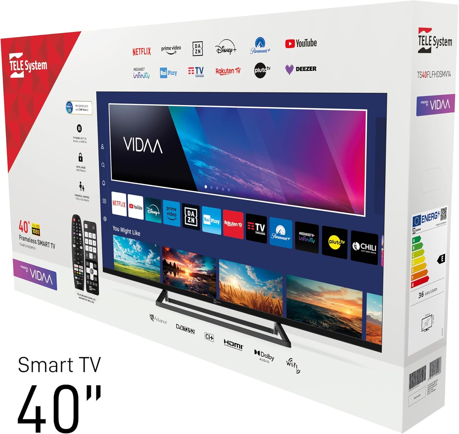 TELE System Smart TV 40 Inch Full HD LED Frameless, Certificato CAM tivùsat, HbbTV, HDR10 HLG, powered by VIDAA, Dual Remote Control Included.